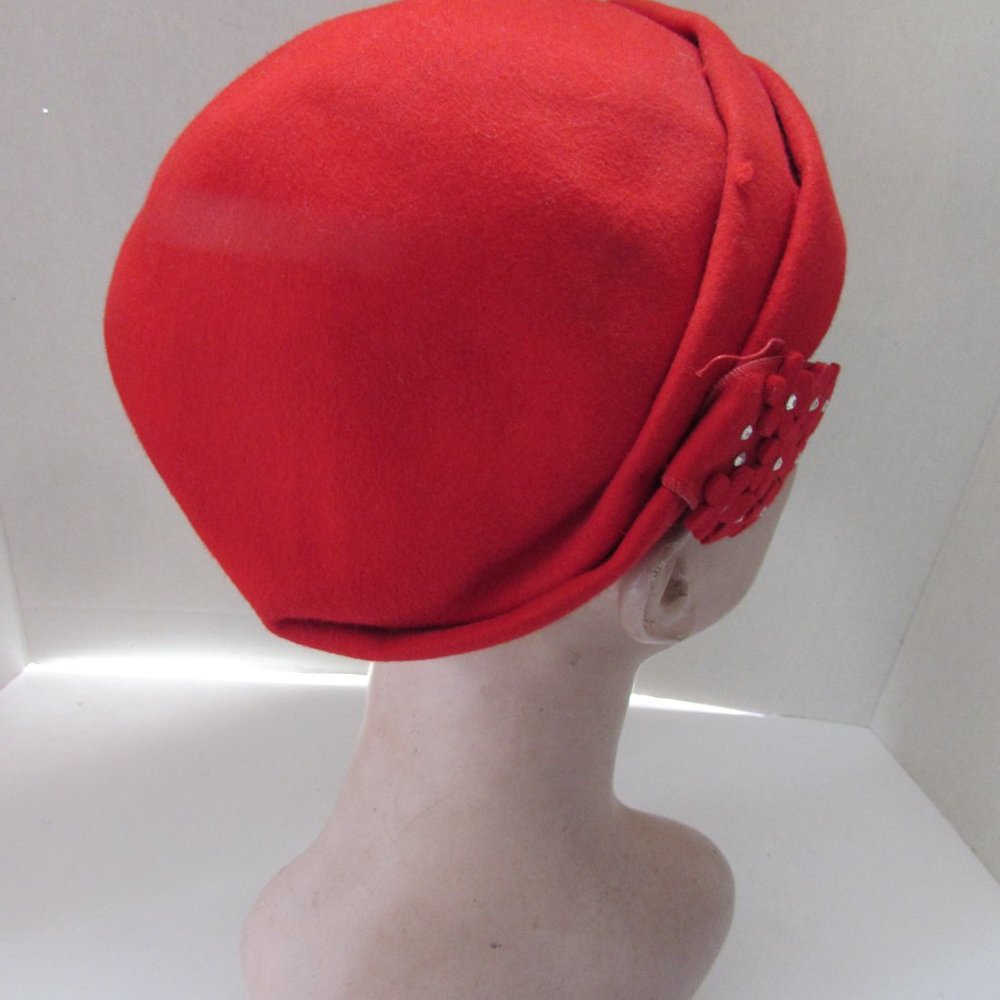 Sale Cute Mid Century Hat Cherry Red Felt Tiny Blossom Tab View 5